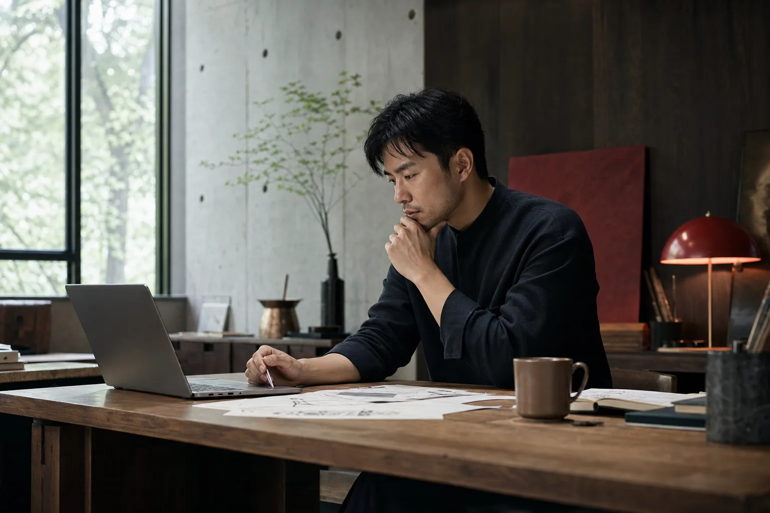 专业人士在工作室中使用电脑梳理项目与做出判断